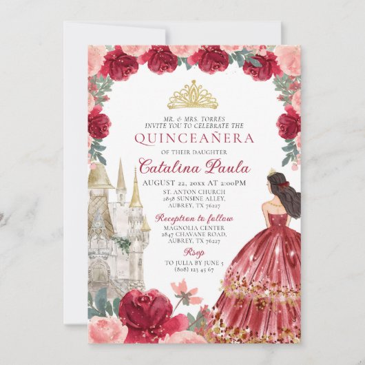 Invitation Couronne dorée rouge Princesse Quinceañera Invitat (Devant)