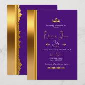 Invitation Couronne dorée violette royale élégante et glamour (Devant / Derrière)