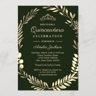 Invitation Couronne élégante Émeraude Verte Or Quinceanera