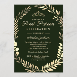 Invitation Couronne élégante verte émeraude dorée Sweet Sixte