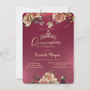 Invitation Couronne élégante vintage roses Bourgogne Quinceañ
