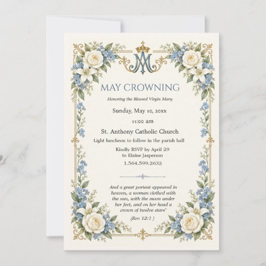 Invitation Couronne élégate de mai Monogramme marianiste cath (Devant)