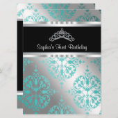 Invitation Couronne en damas bleu sarcelle Princesse Premier  (Devant / Derrière)