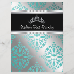 Invitation Couronne en damas bleu sarcelle Princesse Premier 