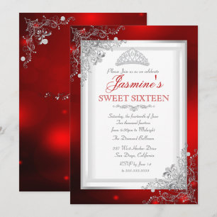 Invitation Couronne en Damassé Argent Rouge Sweet 16 Annivers