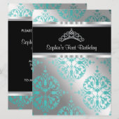 Invitation Couronne en damassé bleu sarcelle Princesse Premie (Devant / Derrière)