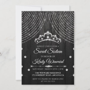 Invitation Couronne en diamant noir argenté Sweet 16