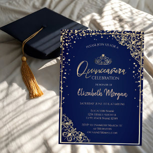 Invitation Couronne en or chic, Diamants Quinceañera bleue