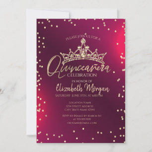 Invitation Couronne en or chic, diamants Quinceañera rouge