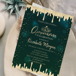 Invitation Couronne en or chic, gouttes de paillettes sur fon