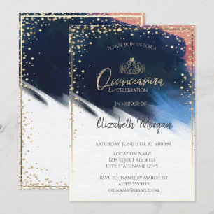 Invitation Couronne en or,Confettis,Coup de pinceau aquarelle