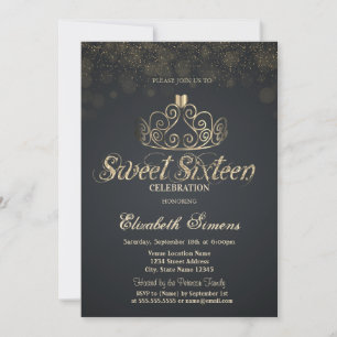 Invitation Couronne en or Confettis Princesse Gris Douce 16