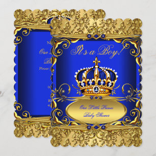 Invitation Couronne en or damassé bleu royal pour garçon Baby