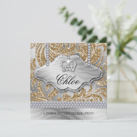 Invitation Couronne en or de bijoux pour fête Sweet 16 (Debout devant)