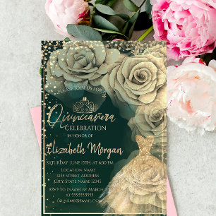 Invitation Couronne en or, diamants, roses Quinceañera