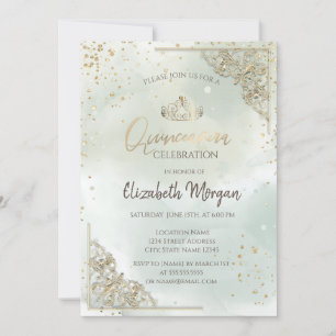 Invitation Couronne en or, Diamants Watercolor Vert Quinceañe