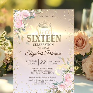 Invitation Couronne en or Douces Diamants Fleurs 16 Fête