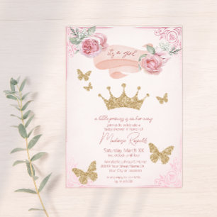 Invitation Couronne en or et papillons Princesse Baby Shower