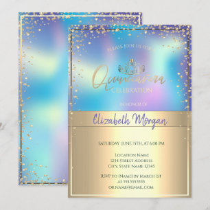 Invitation Couronne en or holographique chic, Quinceañera Dia