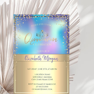 Invitation Couronne en or holographique chic, Quinceañera Dia