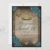 Invitation Couronne en or Papillons Roses sarcelle 16 ans (Devant)