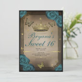 Invitation Couronne en or Papillons Roses sarcelle 16 ans (Debout devant)