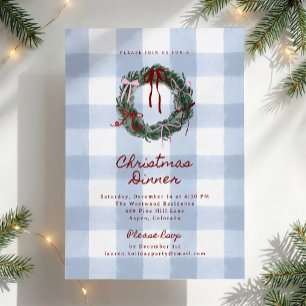 Invitation Couronne en vichy bleu Souper de Noël