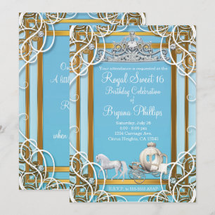 Invitation Couronne et Carrosse de Princesse Bleu Or Fête Swe