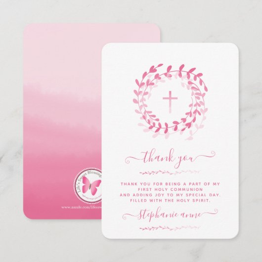 Invitation Couronne et croix rose communion (Devant / Derrière)