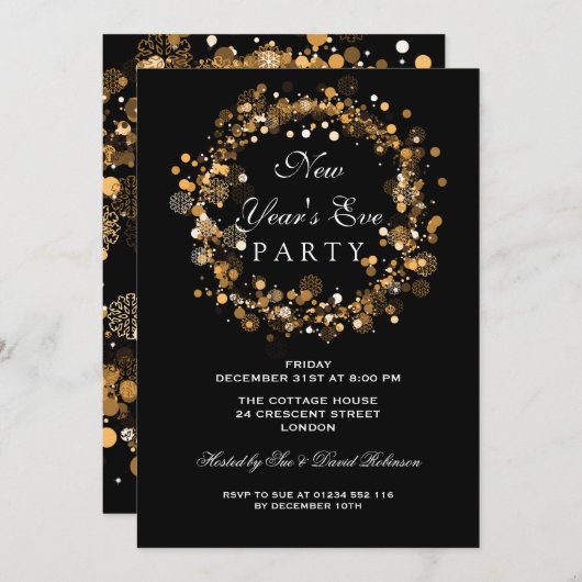 Invitation Couronne festive de fête du Nouvel An or (Devant / Derrière)