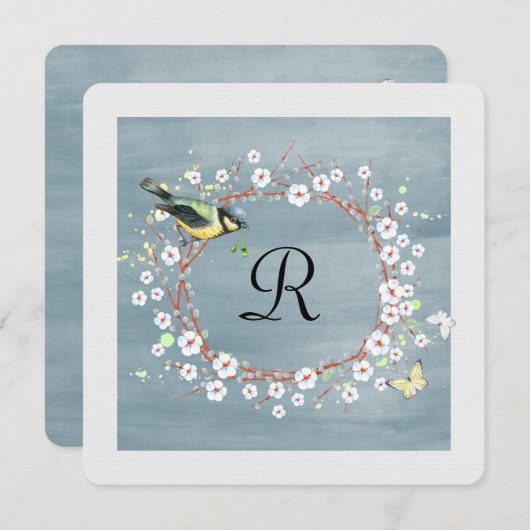 Invitation couronne fleurie avec monogramme et oiseau (Devant / Derrière)