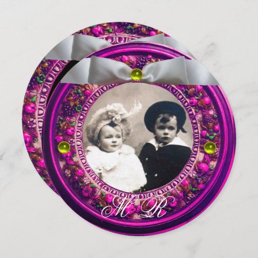 INVITATION COURONNE FLEURIE FLORENTINE RUBAN BLANC MONOGRAMME (Devant / Derrière)