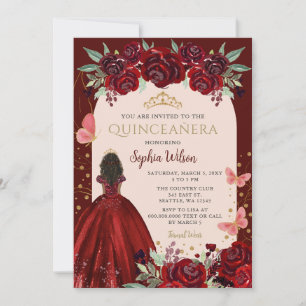 Invitation Couronne Fleurie Princesse Quinceanera Or Rouge