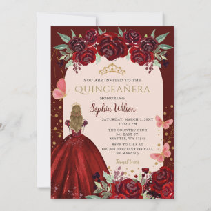 Invitation Couronne Fleurie Princesse Quinceanera Or Rouge