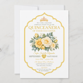 Invitation Couronne Fleurie Quinceañera Princesse en Or Jaune
