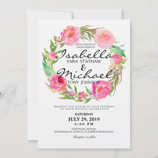 Invitation Couronne florale aquarelle chic faire part de mari (Devant)