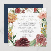 Invitation Couronne florale aquarelle Fleurs rouges Blush Nav (Devant / Derrière)