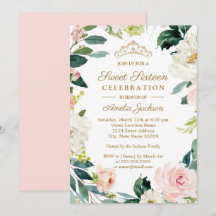 Invitation Couronne florale aquarelle rose fete Sweet 16