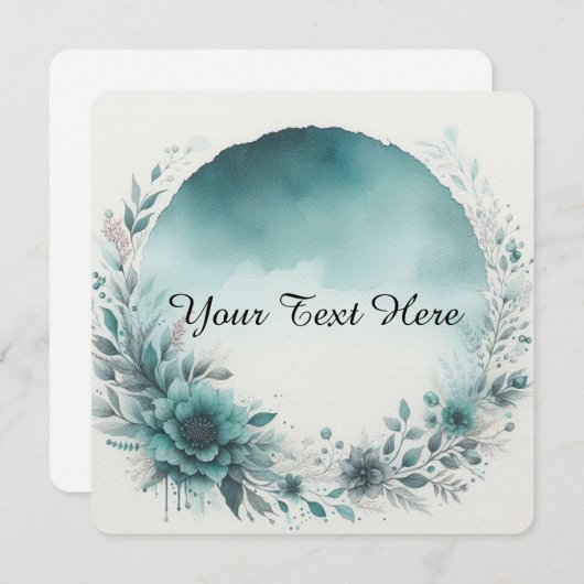 Invitation Couronne florale avec fond aquarelle sarcelle (Devant / Derrière)