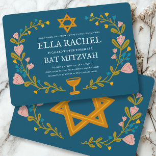Invitation Couronne florale Bat Mitzvah dessinée à la main su