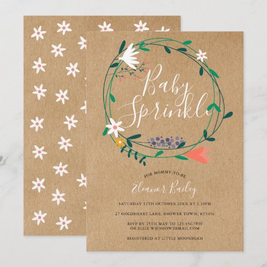 Invitation Couronne florale bébé sprinkle rustique kraft boho (Devant / Derrière)