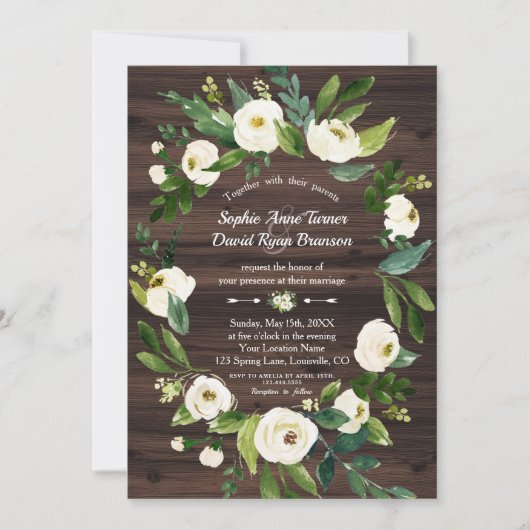 Invitation Couronne florale blanche en aquarelle Mariage en b (Devant)