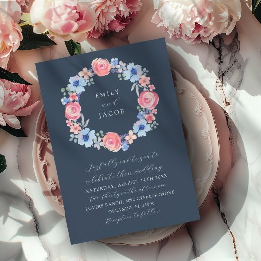 Invitation Couronne florale bleu foncé moderne aquarelle de m