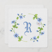 Invitation couronne florale bleu simple avec monogramme (Devant / Derrière)