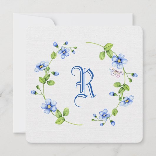 Invitation couronne florale bleu simple avec monogramme (Devant)