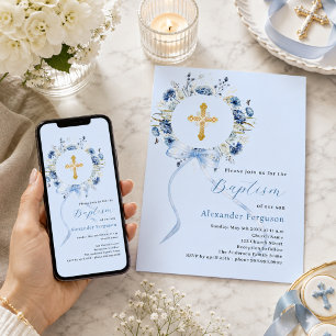 Invitation Couronne florale bleue arc garçon baptême
