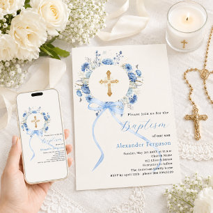 Invitation Couronne florale bleue arc garçon crème baptême