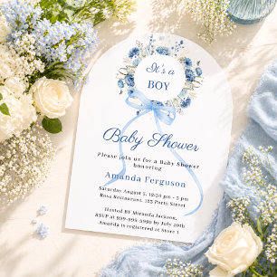 Invitation Couronne florale bleue en forme d'arche pour garço