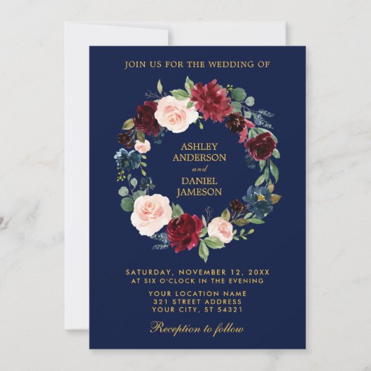 Invitation Couronne florale Bourgogne Mariage bleu or B (Devant)