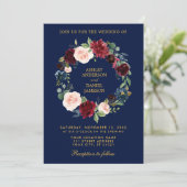 Invitation Couronne florale Bourgogne Mariage bleu or B (Debout devant)